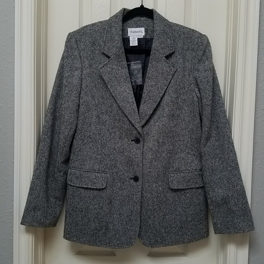 CHADWICK'S Womens Gray Tweed Blazer Size 12 Classic Career Office Wool Blend